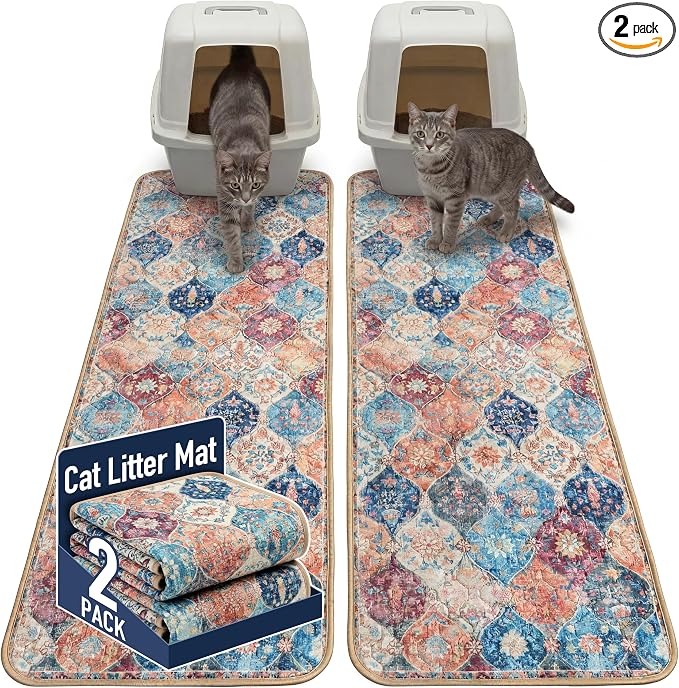 Hompet Cat Litter Mat 2 Pack, 20x60 Large Machine Washable Trapping Mats for Cats, Super Absorbent & Urine-Proof Cat Litter Box Mat for Floor, Waterproof & Non Slip Kitty Litter Rug by Hompet