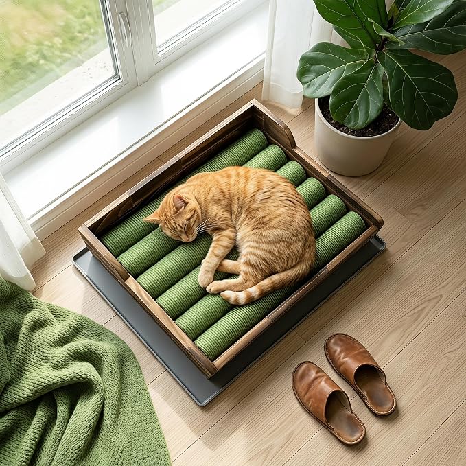 Cat Litter Box Step with Sisal Scratching Post Litter Catcher Mat (Green) | Multi-Purpose Wood Anti-Tracking Cat Scratcher Bed Litter Box Ramp, Fits Standard Cat Litter Boxes - Image 7