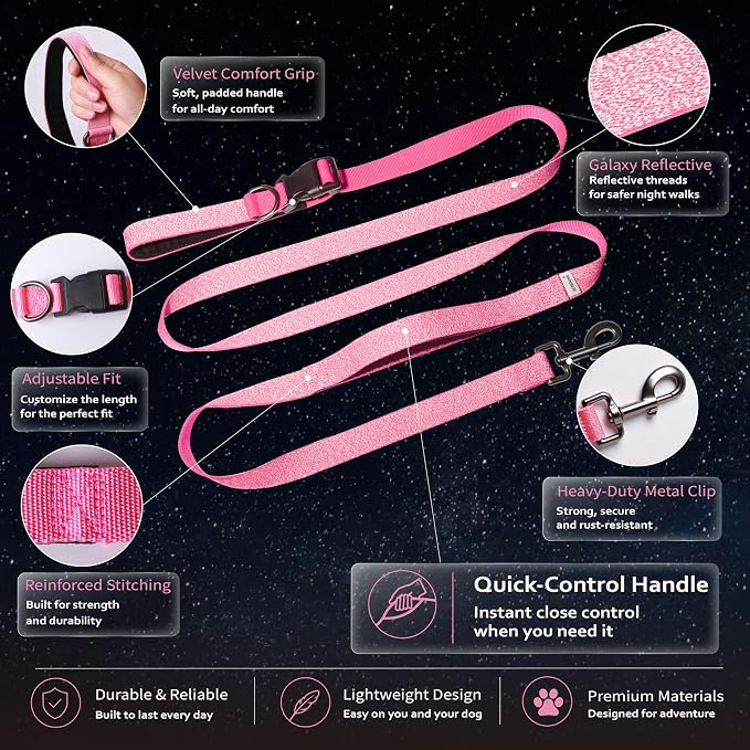 Hands Free Dog Leash,Galaxy Reflective, Crossbody Dog Leash,Pink | Galaxy Reflective • Crossbody Carry • Soft Velvet Handles • Stylish Design - Image 5