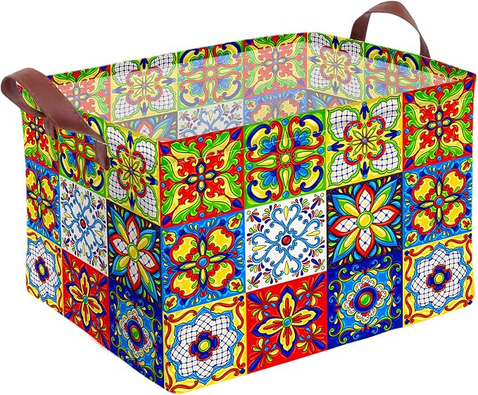 Mexican Talavera Decoration Storage Basket Waterproof Canvas Toy Storage Bin Collapsible Outdoor Basket with Leather Handles Mexican Talavera Decor Blanket Baskets For Closets,Bedrooms,Gifts Baskets by AmazerPad