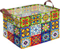 Mexican Talavera Decoration Storage Basket Waterproof Canvas Toy Storage Bin Collapsible Outdoor Basket with Leather Handles Mexican Talavera Decor Blanket Baskets For Closets,Bedrooms,Gifts Baskets by AmazerPad