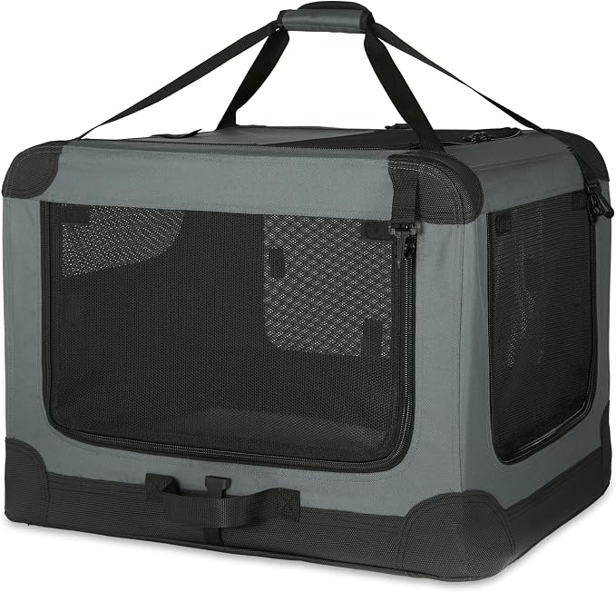Amazon Basics 4-Door Portable Folding Soft Dog Crate, Collapsible Travel Kennel for Cat, Dog, and Small Animals, Pop Up with Fleece Mat, Water-Resistant Base, Grey, 36" x 24" x 24" by AmazonBasics