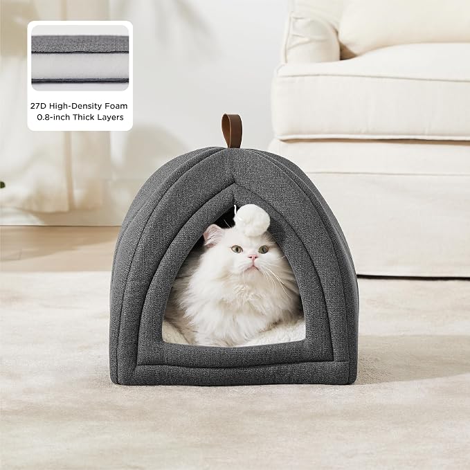 Bedsure 2in1 Cat Beds for Indoor Cats Cave for Kitten with Washable Pillow | 16in, Cat House Enclosed, Covered Cat Tent, Foldable Hideaway, Fluffy Ball, Anti Slip Bottom, Removable Cushioned ,Dark Grey - Image 2