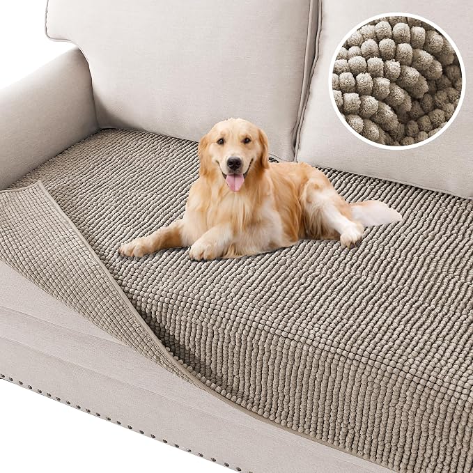 H.VERSAILTEX Plush Chenille Pet Couch Cover Thick Soft Sofa Cover for 3 Cushion Couch Anti Slip Couch Cover Furniture Protector for Dog, Pet, Cat (35" x 74", Taupe) by HVERSAILTEX