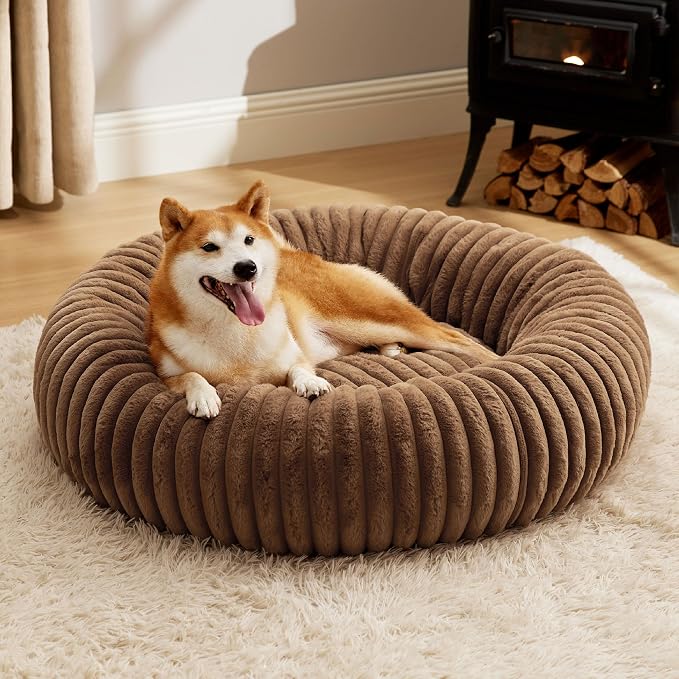Bedsure ComfyFleece™ Donut Large Dog Bed - Washable Faux Fur with Corduroy Fleece & Anti Slip Bottom, Round Pet Bed with Removable Cover, Camel Brown, 36x36x8 inches | 36x36x8in,Calming Round Pet Bed,Support Plush , with Removable Corduroy Fleece for B... by Unknown