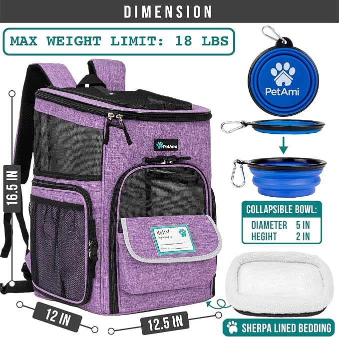 PetAmi Dog Backpack Carrier, Airline Approved 4-Way Entry Cat Backpack Carrier, Ventilated Mesh, Collapsible Pet Carrier for Small Puppy, Kitten, Hiking, Travel Car, Vet, up to 18 lbs, Purple - Image 2