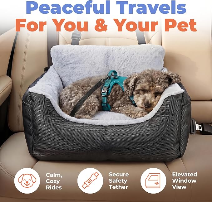 Best Pet Supplies Elevated Dog Car Seat for Small Dogs, Booster Seat with Safety Tether & Storage, Washable Travel Pet Seat for Front or Back Seat, Up to 25 lbs - Black - 21 x 20 x 14 - Image 2