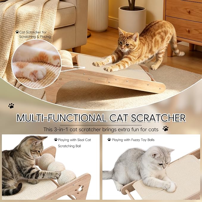 Cat Scratcher for Indoor Cats, Sisal Cat Scratching Board with 3 Sisal Scratch Balls, Solid Wood Cat Scratchers Pad Ramp, L-Shaped Cat Scratching Post - Image 3