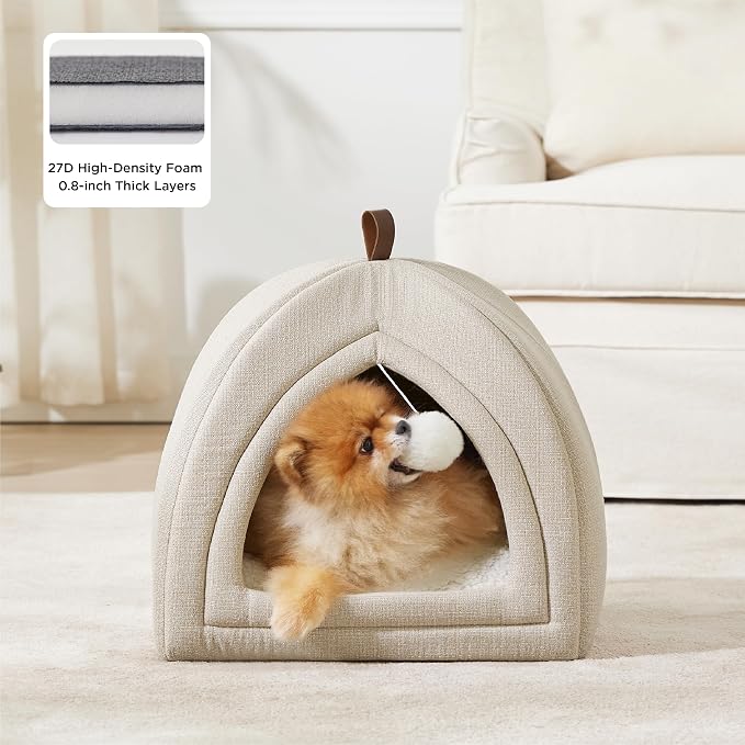 Bedsure 2in1 Cat Beds for Indoor Cats Cave for Kitten with Washable Pillow | 17.3in, Cat House for Small Dog, Covered Cat Tent, Foldable Hideaway, Fluffy Ball, Anti Slip Bottom,Removable Cushioned,Beige - Image 2
