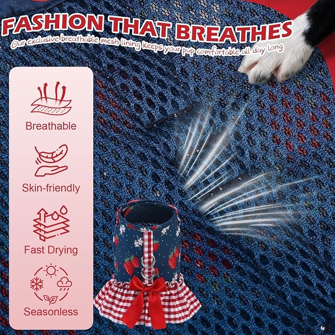 EXPAWLORER Dog Harness Small Medium Sized Dogs, No Choke No Pull Mesh Vest | Strawberry Dog Dress Bowknot Harness & Leash Set Soft Cute Princess Puppy Outfits Clothes Costume for Girls Party Cats Navy M - Image 4