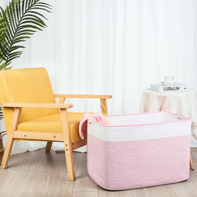 MINTWOOD Design 112L Extra Large Blanket Basket Holder Living Room, 25"x17"x16" Rectangle Rope Woven Storage Basket with Handles for Laundry, Towels, Shoes, Dog Toy Organizer Bin Box, Light Pink - Image 7