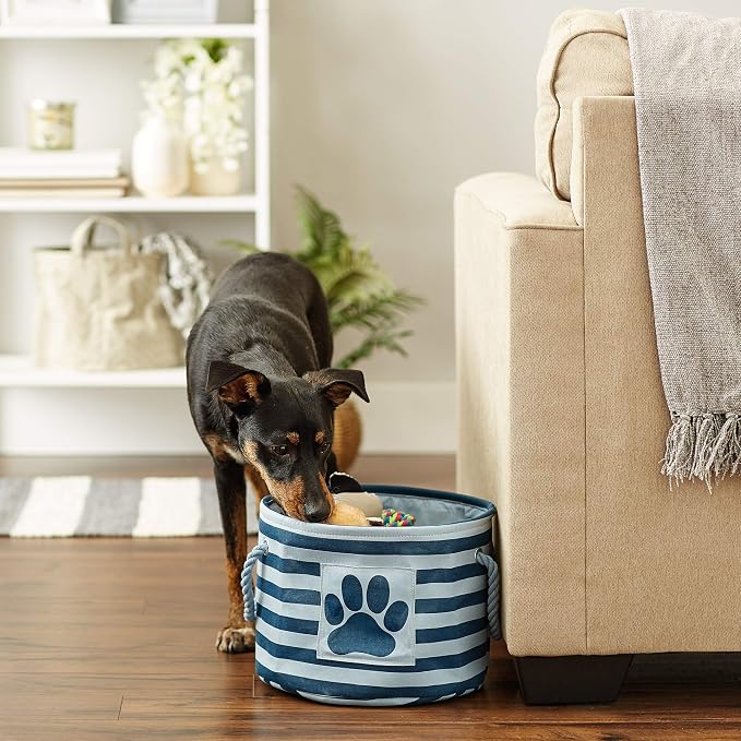 Bone Dry Pet Storage Collection Striped Paw Patch Bin, Dark Navy, Small Round - Image 5