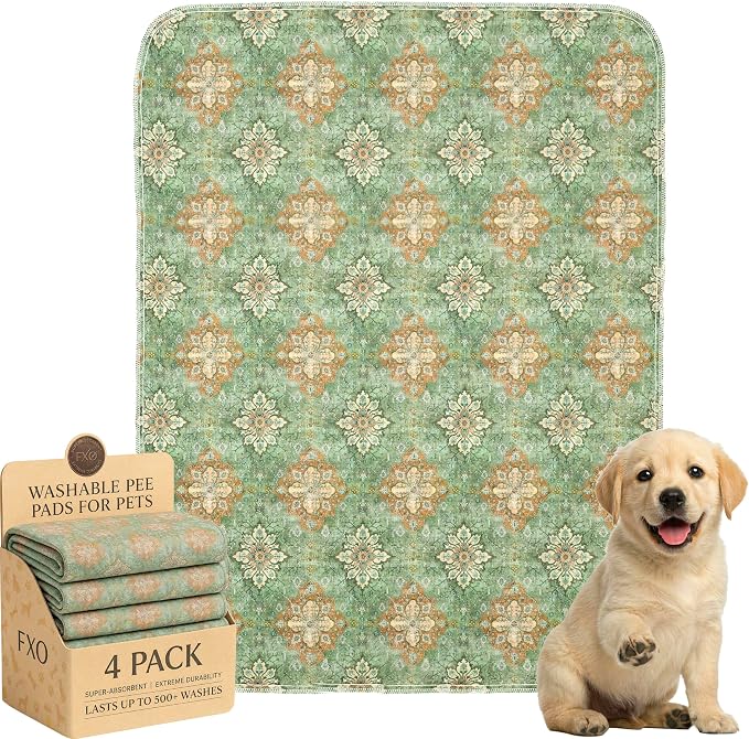 4PACK Washable Pee Pads for Dogs,Great Urine Absorbent Reusable Puppy Training Pads,Waterproof,Leak-Proof & Non-Slip Potty Pads for Whelping,Crate,Playpen,Bed.(Green Floral Flat,18"x24") by Peepads