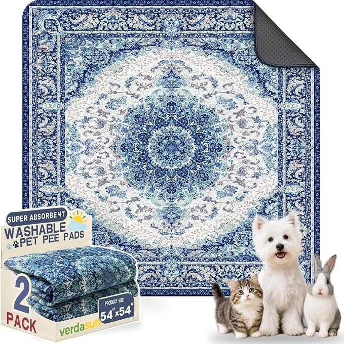 Washable Pee Pads for Dogs, Reusable Puppy Potty Training Pads, Ultra-Absorbent Thick Waterproof Leak-Proof Non-Slip Pads & Mat for Crate, Playpen, Floor, Whelping & Housebreaking , 2 Pack 54"x54" by Verdasun