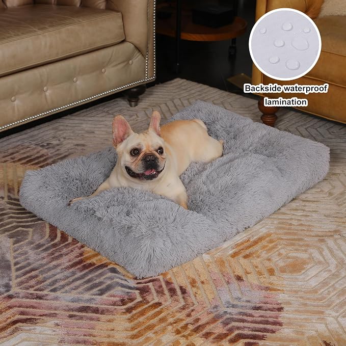 Bedfolks Waterproof Dog Crate Bed, Plush Dog Pad, 29"x21", Solid Light Grey | Faux Fur Plush Cover, Zippered Removable Washable Outer, Waterproof Inner Lining, Non-Slip Base, Crate Pad and Dog Pillow - Image 2