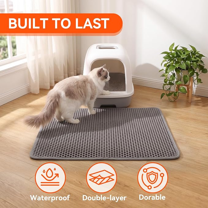 Cat Litter Mat, Double Layer Litter Trapping Mat, Gray (24" x 15") | Waterproof cat mat for litter box. Washable EVA kitty litter mat & scatter control honeycomb litter box mat - Image 7