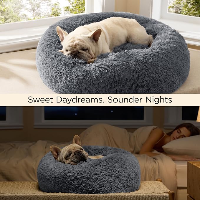 Bedsure Calming Dog Bed Medium Size Dog Donut Washable Pet Bed,30ins | Fluffy Faux Fur Round Cuddler,Machine Washable,Anti-Slip Bottom,Anti-Anxiety,Deep Sleeping for Pets Up to 45 Lbs,Dark Grey - Image 4