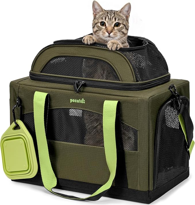 Pecute Cat Carrier,Top Expandable Dog Crate for Travel, Green | 5mm Anti-Collapse Steel Frame, Soft Mesh, Vet Visits, Foldable Travel Crate,Outdoor Hammock, Leakproof Pee Pad & Bowl by pecute