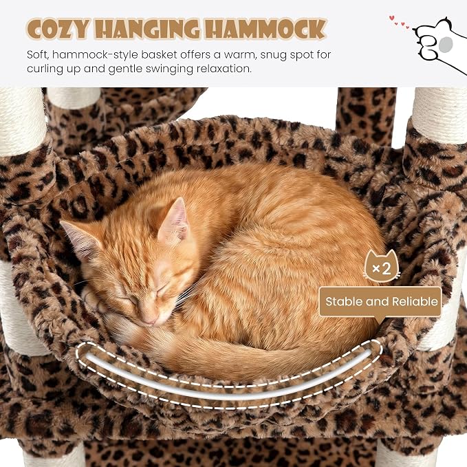 Sha Cerlin 87 in Multi-Level Tall Cat Tree Tower for Large Cats/Extra Wide Feline Activity Center/Sisal Scratching Posts/Wide Base/Cozy Plush Perches/Baskets/Hammocks/Toy Balls/Leopard Print - Image 5