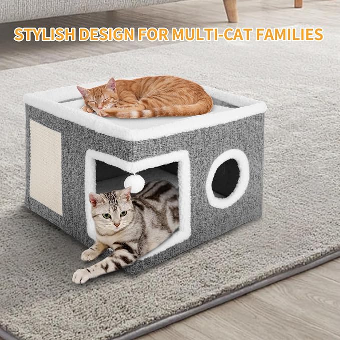 Cat Beds for Indoor Cats, Large Cat Cave with Fluffy Ball and Scratch Pad, Foldable Cat Scratch House with Hideaway Condo for Kitten, Grey - Image 2