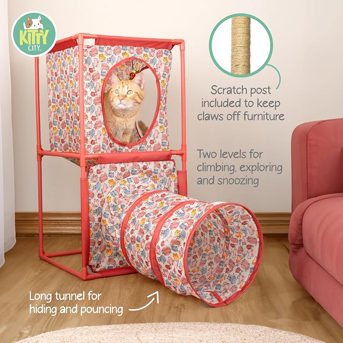 Kitty City Cozy Cube Retreat Cat Tower with Tunnel, Scratching Post & Hanging Toy, Dual-Level Indoor Cat Play Furniture for Climbing, Hiding & Lounging, Red - Image 2