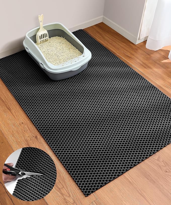 Cooyes Cat Litter Mat - Cut to Fit Any Place, 47"x35" Large Litter Trapping Mat for Litter Box, Easy to Clean, Waterproof & Non-Slip Kitty Pad, Scatter Control to Protect the Floor (Black) by Cooyes