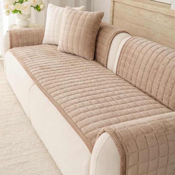 Velvet Washable Couch Cover for Dog,L Shape Sofa Cover for Pets. | 27.6"x27.6",Khaki,Sectional Couch Cover,Soft Velvet,Non-Slip,Furniture Protector,quilted - Image 6