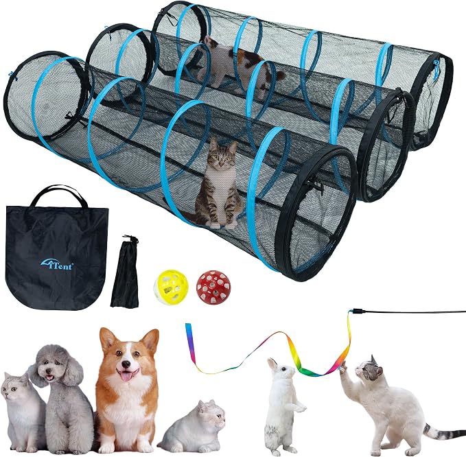Cat Play Tunnel-for Indoors and Outdoors,Cat Tunnel Outdoor, Kitty Outdoor Enclosure, Cat Enclosures Easy to Connect with Two Zipper Doors,Product Size 59'' x 18'',3pcs /Set,Blue,3 Packs by ITENT