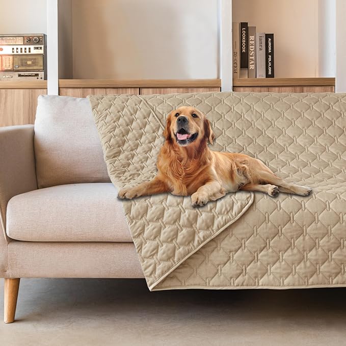 gogobunny 3X Stronger Waterproof Pet Blanket, Scratch Proof Furniture Protector for Dogs Cats, Reversible Cover 82x102 Inch, Dark Beige by gogobunny