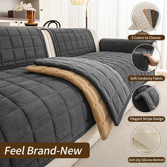 Couch Covers for Sectional Sofa, L Shaped Modular Couch Cover | 35”x63” Dark Grey Velvet Non Slip Sofa Covers Washable for Loveseats, Couch Protect Against Pet Hair, Scratches & Stains - Image 3