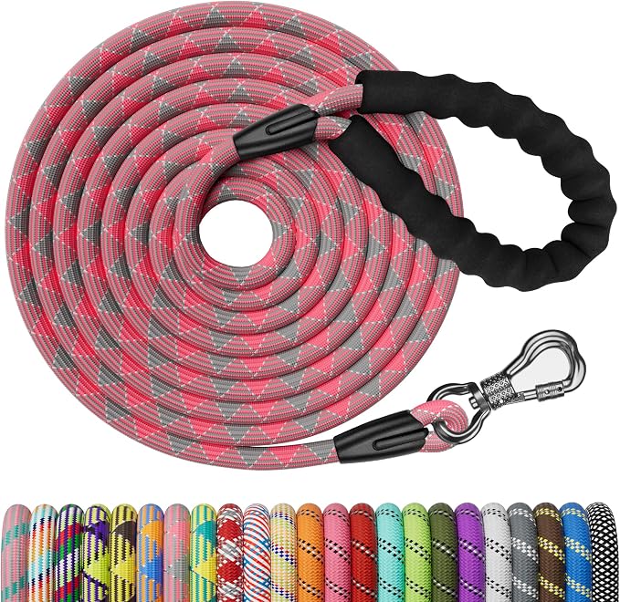NTR Long Dog Leash, 30FT Check Cord with Swivel Lockable Hook and Comfortable Padded Handle for Pink Leash for Small Medium and Large Dogs Walking Training Hiking Camping Playing by NTR