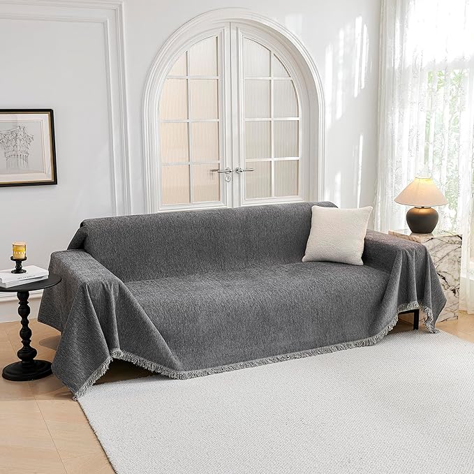 MYSKY HOME Couch Cover for Dogs, Washable Couch Covers, Non Slip Sofa Cover, Couch Cover 2 Cushion Sofa Dogs Furniture Protector with Tassels, Chenille Sofa Slipcover for Pets, 71"x118", Dark Grey by MYSKYHOME