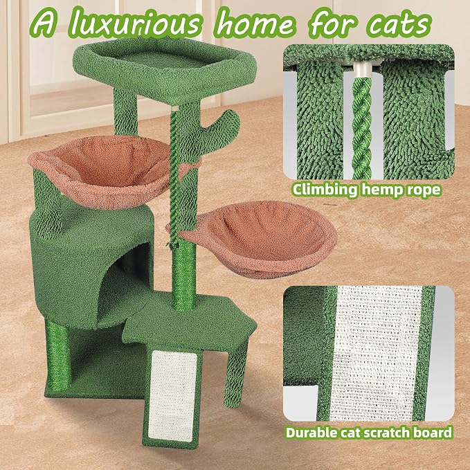 Wang Xin Three Layer Cat Tree with Cat Condo Scratch Pad and Two Hammocks,Green … - Image 3