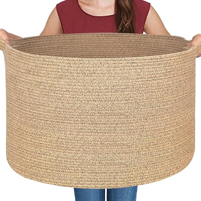MEGASKET Extra Large Storage Basket, 22”x14” Woven Cotton Rope Basket, Big Kids Dog Floor Toy Bin, XXL Blanket Pillow Holder for Living Room Bedroom, Brown Variegated Round Baskets for Organizing by MEGASKET