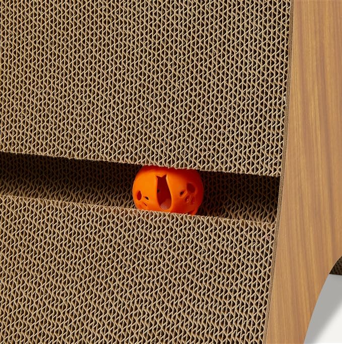 Amazon Basics Cat Scratcher Post Cat Scratcher Lounge Bed for Indoor Cats Bed Shaped Post Pad with Interactive Ball Toy & Catnip, FSC-Certified, 34.3 x 11.8 x 11.8 in, Wooden Color - Image 3