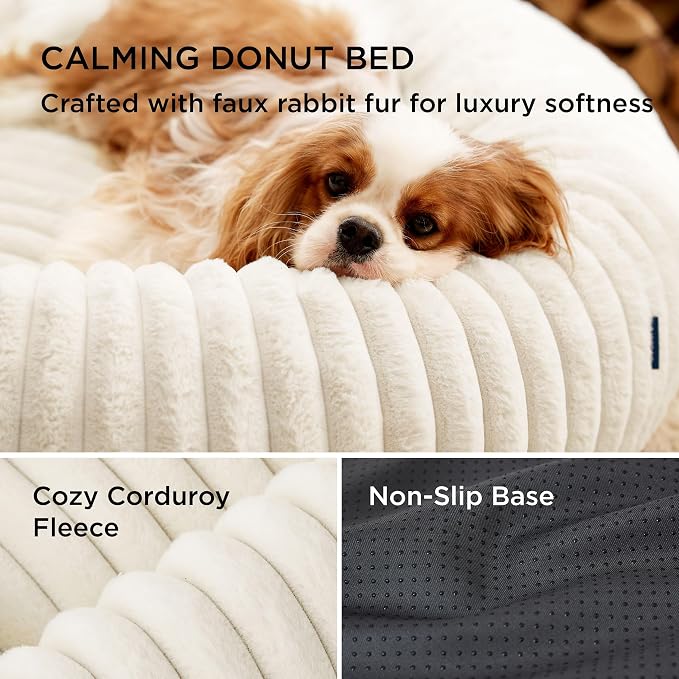 Bedsure ComfyFleece™ Donut Dog Bed Medium Size Dog with Washable Cover | 30x30x8in, Calming Round Pet Bed, Support Plush , with Removable Corduroy Fleece for Senior Dog,Anti Slip Bottom,Cream - Image 4