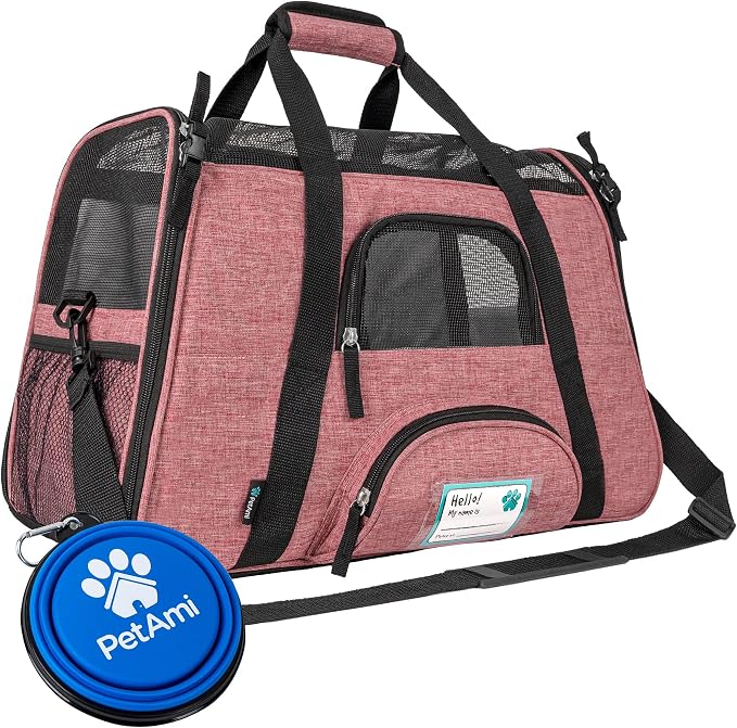 PetAmi Airline Approved Pet Carrier Cat Small Dogs, Large Heather White Red | Soft Sided TSA Travel Bag, Sherpa Bed, Breathable Mesh Ventilation, Collapsible Bowl, Fits Under Seat, Up to 18 lbs by PetAmi