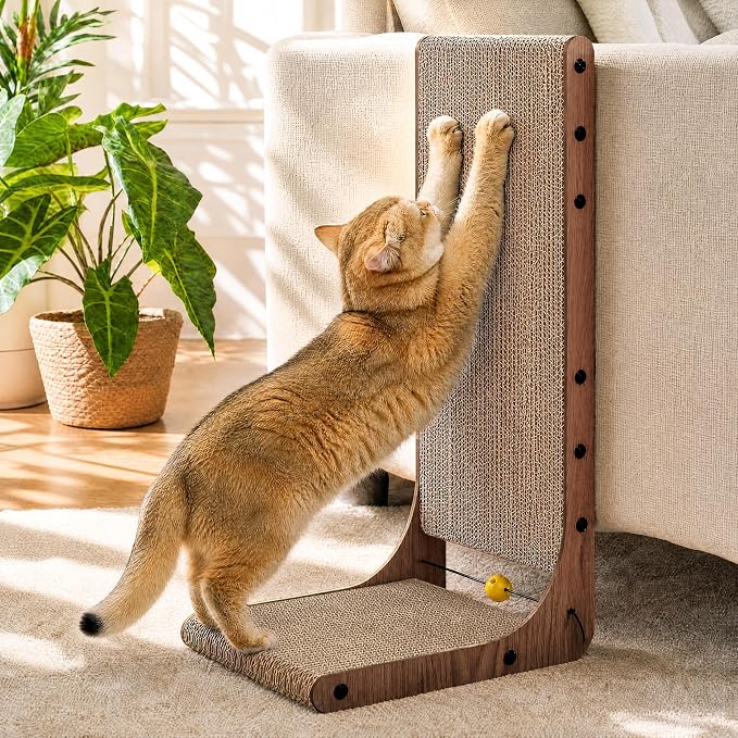 FUKUMARU Cat Scratcher 2 Packs, 25 Inch Cat Scratching Boards, L Shaped Pad | Cardboard Cat Scratcher for Indoor Cats, Vertical Scartch Pads with Ball Toy, Kitten Scratching Post Wall, Walnut Color - Image 7