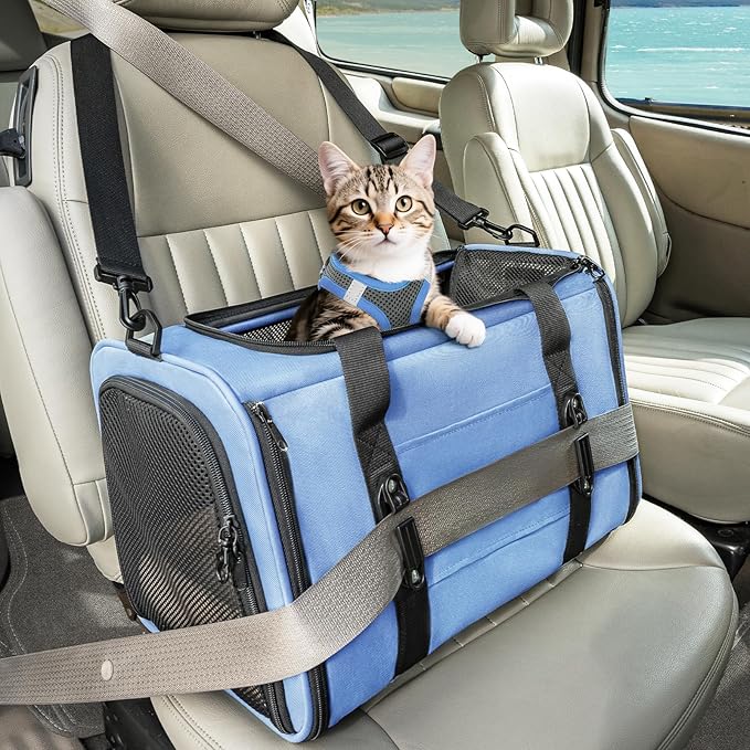 PETSFIT Cat Carrier Soft with Patented Safety Buckles, Safe for Car Travel | Lockable Zippers, Safety Tether, Escape-Resistant Pet Carrier for Vet Visits, Airline Approved Under-Seat, Up to 12 lbs by Petsfit