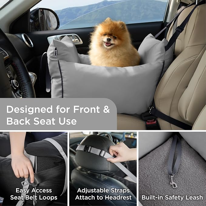 Lesure Small Dog Car Seat for Small Dogs - Soft Dog Booster Seat for Car with Storage Pocket and Clip-On Safety Leash and Thickened Memory Foam Filling, Pet Carseat Travel Carrier Bed, Grey - Image 2
