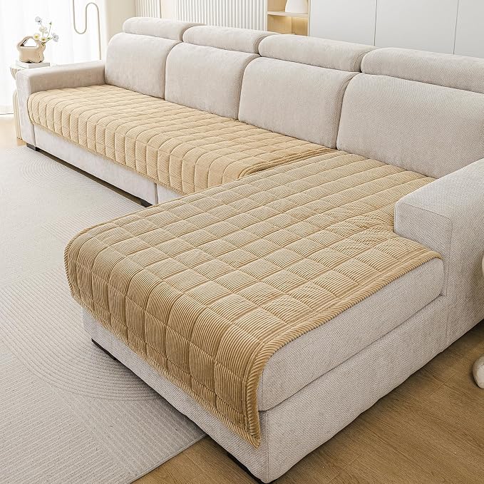 Couch Covers for Sectional Sofa, L Shaped Modular Couch Cover | 35”x94” Light Brown Velvet Non Slip Sofa Covers Washable for 4 Cushion Sofa, Couch Protect Against Pet Hair, Scratches Stains - Image 3
