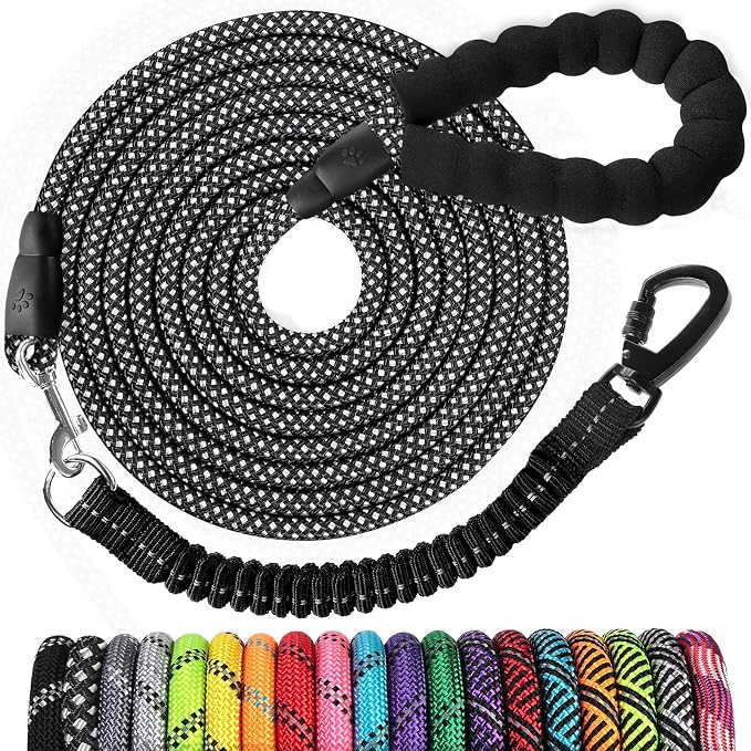 jenico Long Dog Leash 50FT: Heavy Duty Rope Leashes for Dogs Training with Swivel Lockable Hook Reflective Threads Bungee and Padded Handle - Dog Lead for Large Small Medium Dogs Outside Walking by jenico
