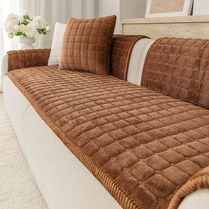Velvet Washable Couch Cover for Dog,L Shape Sofa Cover for Pets. | 27.6"x27.6", Brown,Sectional Couch Cover,Soft Velvet,Non-Slip,Furniture Protector,quilted by Buzyset