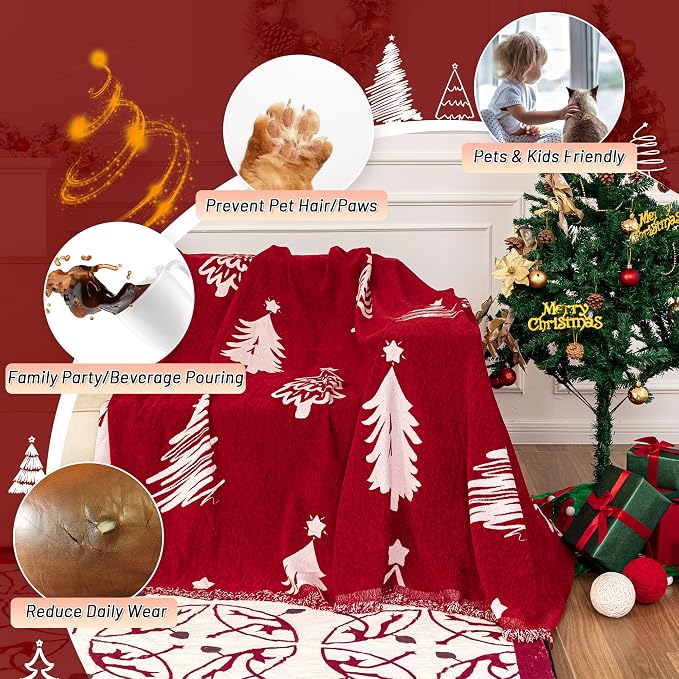 MYSKY HOME 71X102 inches Chair Christmas Couch Cover, Sectional Sofa Covers Sofa Slipcover for 1 Cushion Couch, L Shape Couch Covers for Dogs, Kids, Washable Sofa Blanket, Furniture Protector, Red - Image 2