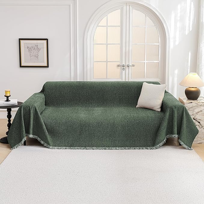 MYSKY HOME Couch Cover for Dogs, Washable Couch Covers, Non Slip Couch Sofa Cover, Couch Cover 2 Cushion Sofa Dogs Furniture Protector with Tassels Chenille Sofa Covers for Pets, 71"x118", Moss Green - Image 9