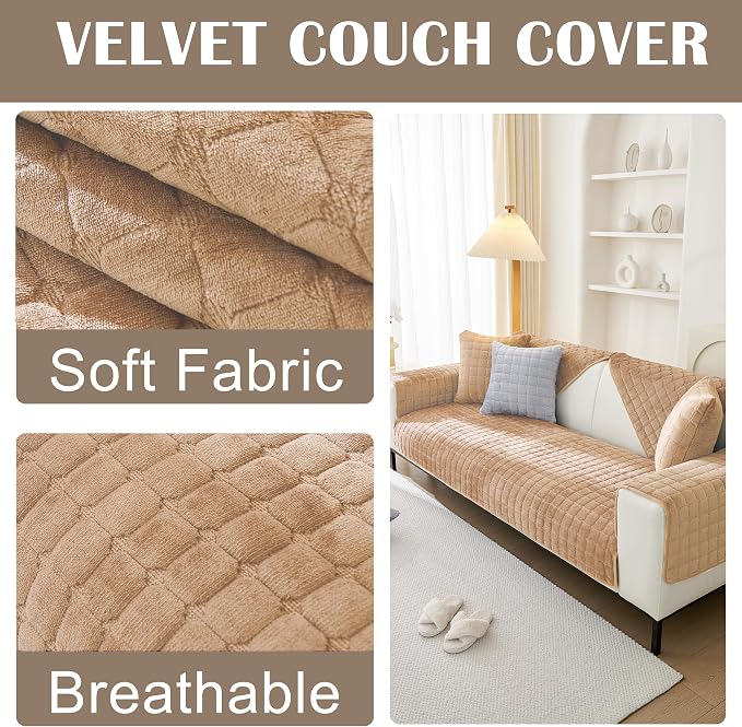 Couch Cover for Dogs,Velvet Non-Slip Couch Covers for Sofa Washable | Sofa Slipcovers for 3 Cushion Couch, Furniture Protector for Pet, L Shaped Sectional Couch Cover Khaki, 36"X63" (Only 1 Pcs) - Image 2