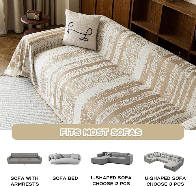 MEETSKY Boho Couch Cover for Sofa,Dog Couch Cover Washable Cat Scratch Proof Sofa Covers Love Seat L Shape Soft Sectional Sofa Slipcover Furniture Protector for Pets Kids,71" x 118",Khaki with Stripes - Image 3