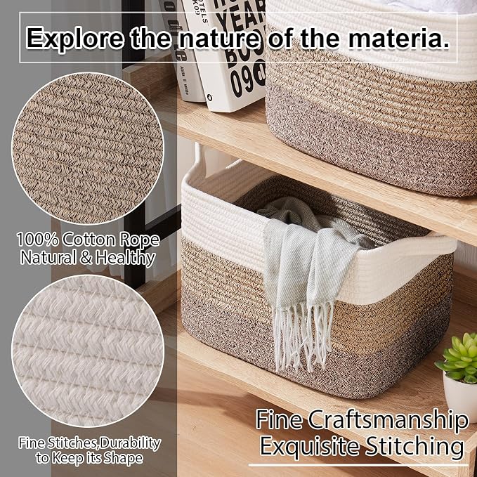 OIAHOMY Storage Basket, Woven Baskets for Storage, Cotton Rope Basket for toys,Towel Baskets for Bathroom - Pack of 3, Gradient Dark Brown - Image 8