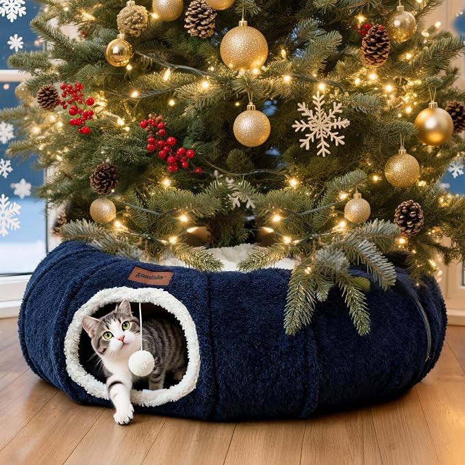 ZOMISIA Cat Tunnel Bed for Indoor Cats, Cute Cat Donut Toy Tunnel for Small Large Cats with Washable Circle Cushion, Peekaboo Pet Cave Play Tunnel for Kitten, Puppy, Navy Blue - Image 7