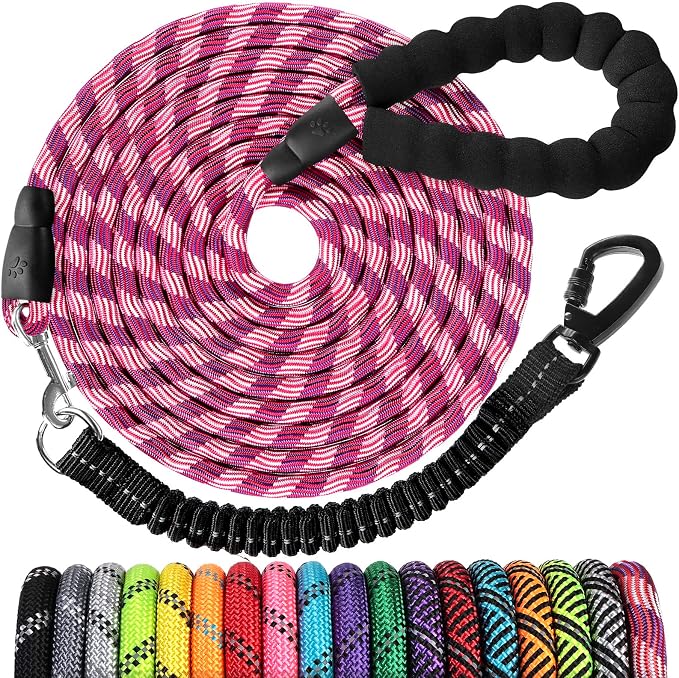 Long Dog Leash 10 FT: Heavy Duty Rope Leashes for Dogs Training with Swivel Lockable Hook Reflective Threads Bungee and Padded Handle - Dog Lead for Large Small Medium Dogs Outside Walking Hiking Red by jenico